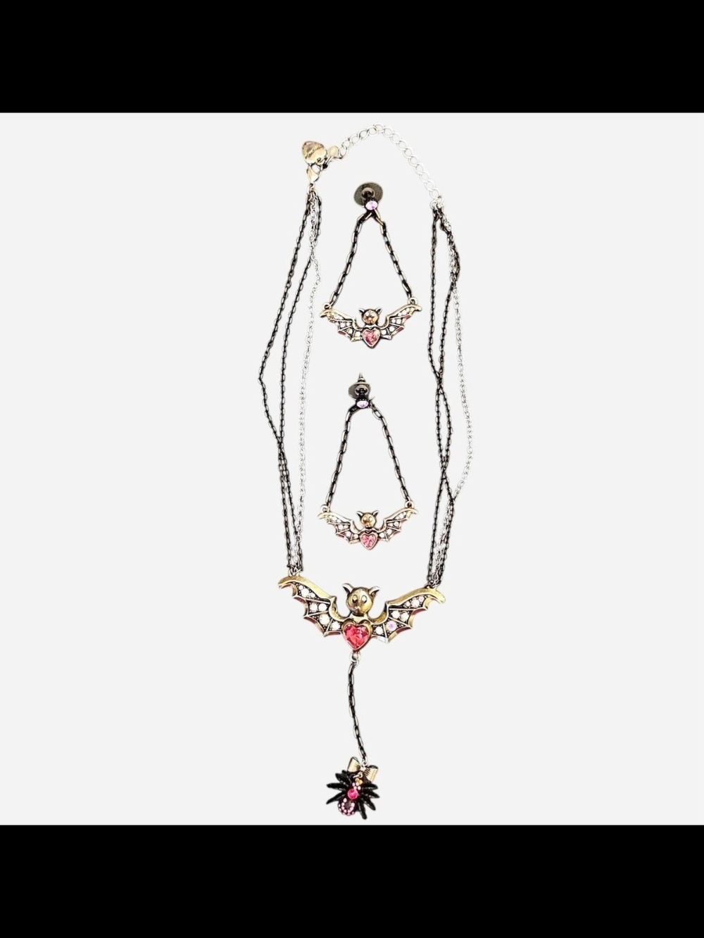 Vintage Betsey Johnson Creepy Critters Bat & Spider Necklace & Earrings Rare - Picture 2 of 9